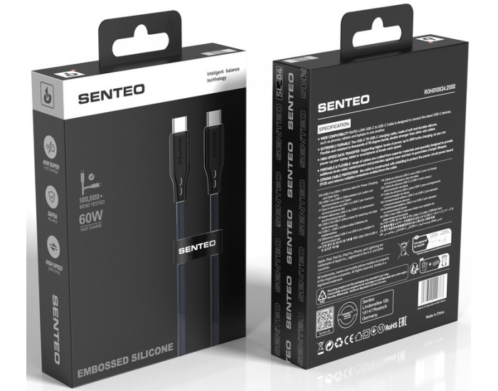 Кабель USB-C SENTEO SL-04 Embossed Silicone 60W Type-C to Type-C 1m, чорний