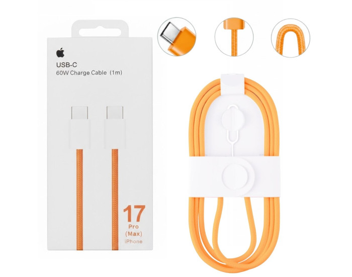 Кабель Original Quality Type-C to Type-C Orange 1m 60W (SIM ejector tool) (Woven) (box)