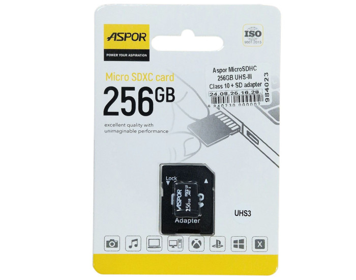 Карта пам'яті Aspor MicroSDHC 256GB UHS-III (Class 10) + SD adapter