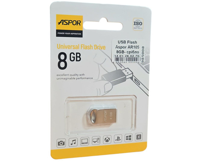 Флешка USB 3.0 Aspor 8GB AR105, серебристая