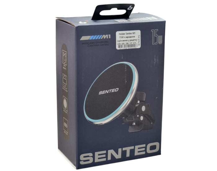 Автодержатель с безпроводной зарядкой SENTEO M1 Cayman series 15W, Black (в дефлектор)