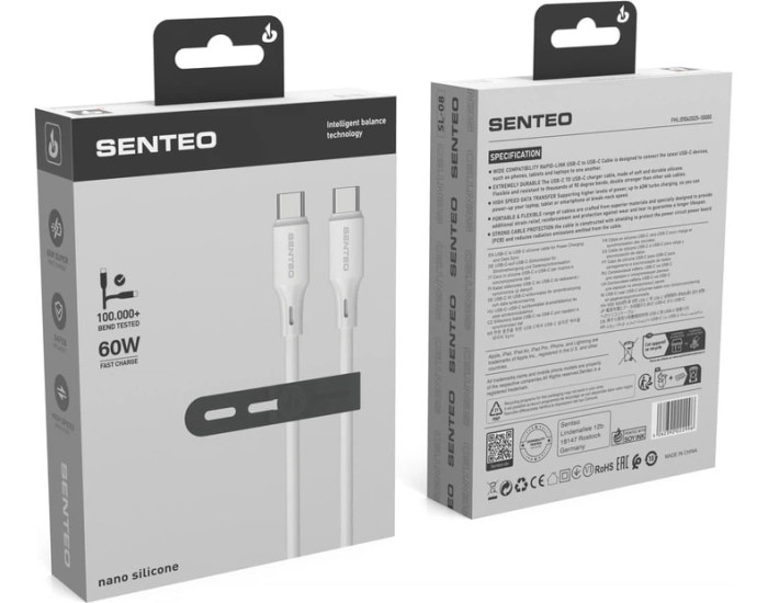 Кабель USB SENTEO SL-08 Nano Silicone 60W Type-C to Type-C 1m, Білий