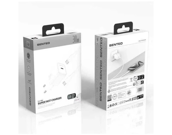 Сетевое зарядное устройство SENTEO Z-16c USB-C PD 30W Type-C to Type-C (1Port / CE сертификат) (Белый  White)
