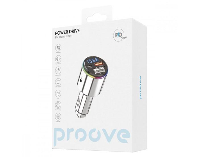 Автомобільне зарядний пристрій Proove FM Launcher Drive 30W (Type-C + USB + AUX) сріблястий