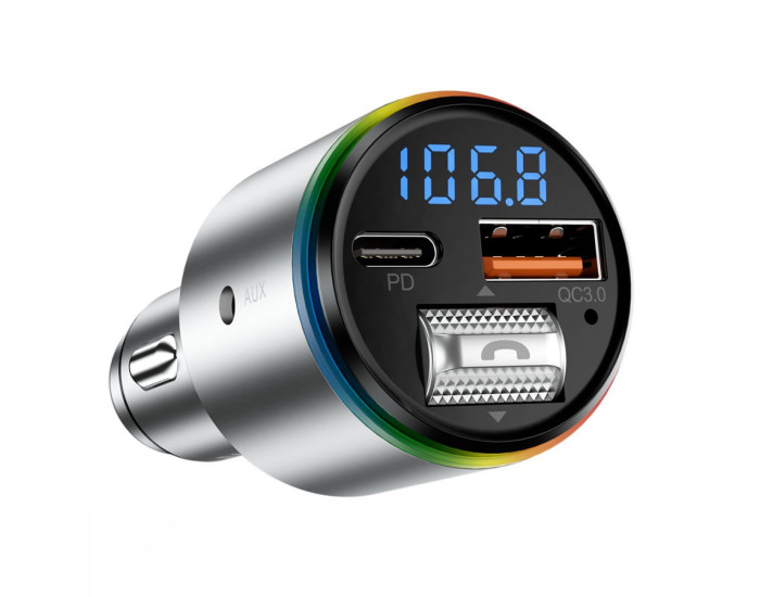 Автомобільне зарядний пристрій Proove FM Launcher Drive 30W (Type-C + USB + AUX) сріблястий