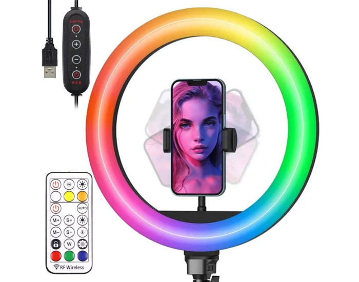 Кольцевая лампа RGB 33 см (6 colors) с зажимом для тел.+пульт