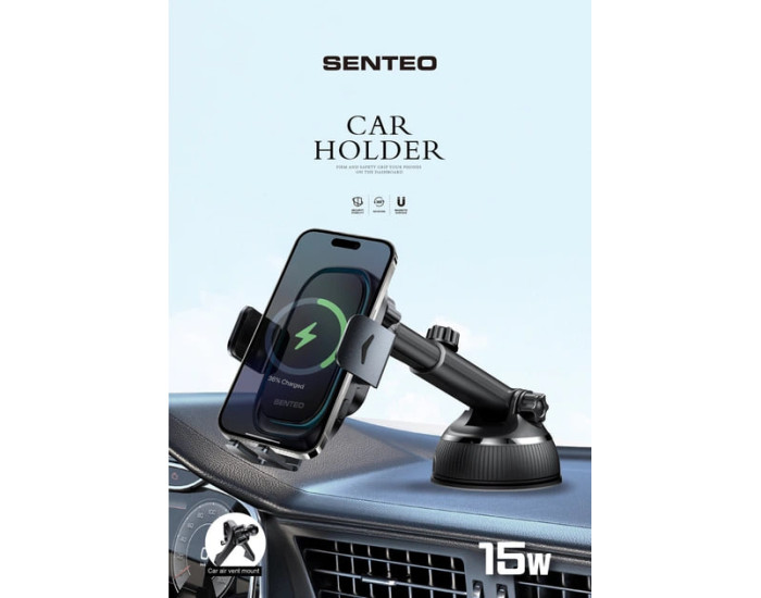 Автодержатель с безпроводной зарядкой SENTEO SH-02 Drift 2 Wireless charging Auto clamping phone holder 15W Dashboard PLUS 