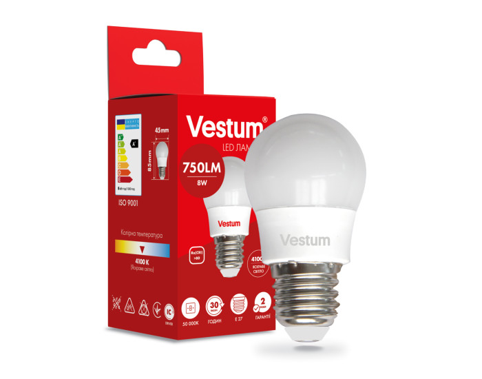 LED лампа Vestum G45 8W 4100K 220V E27
