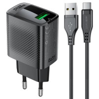 Сетевое зарядное устройство Acefast A90 QC18W GaN + кабель USB to Type-C 1.2m, черное