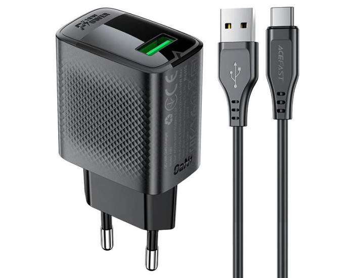 Мережеве зарядний пристрій Acefast A90 QC18W GaN + Кабель USB to Type-C 1.2m, чорне