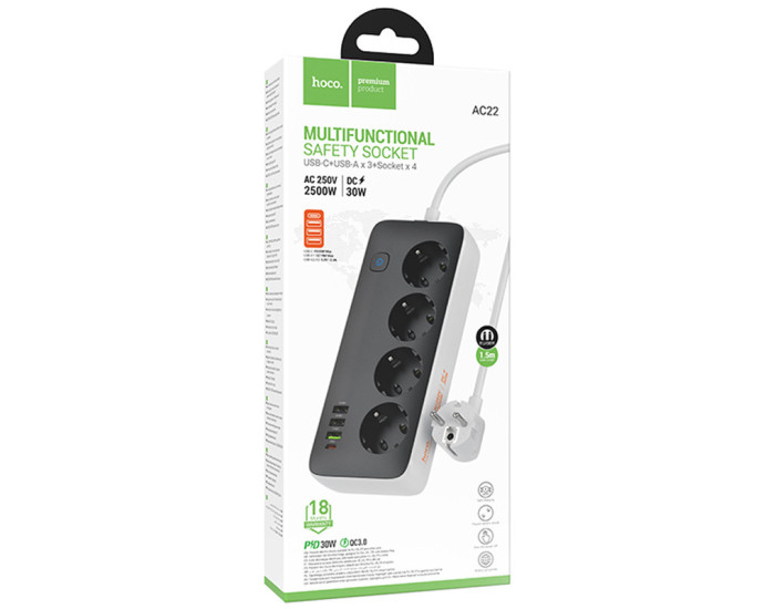 Сетевой фильтр Hoco AC22 Sunlight 4-bit(PD30W/1C3A) desktop socket(EU/GER)