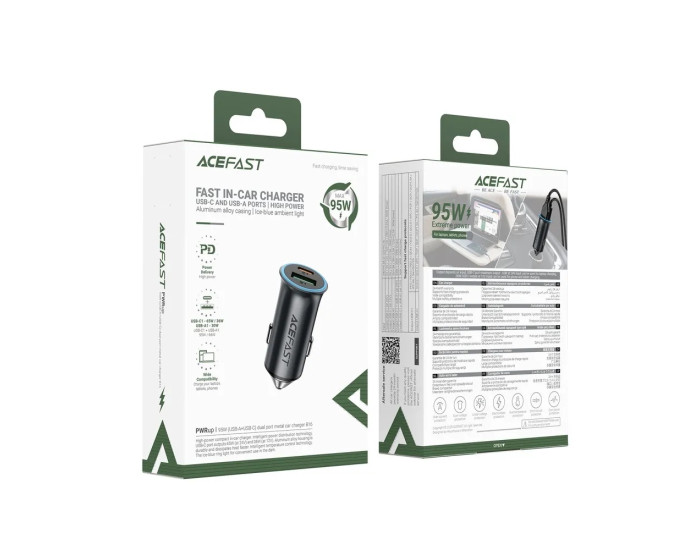 Автомобільне зарядний пристрій Acefast B16 (PD65W+QC3.0) total 95W (1USB-A/1C) Сіре
