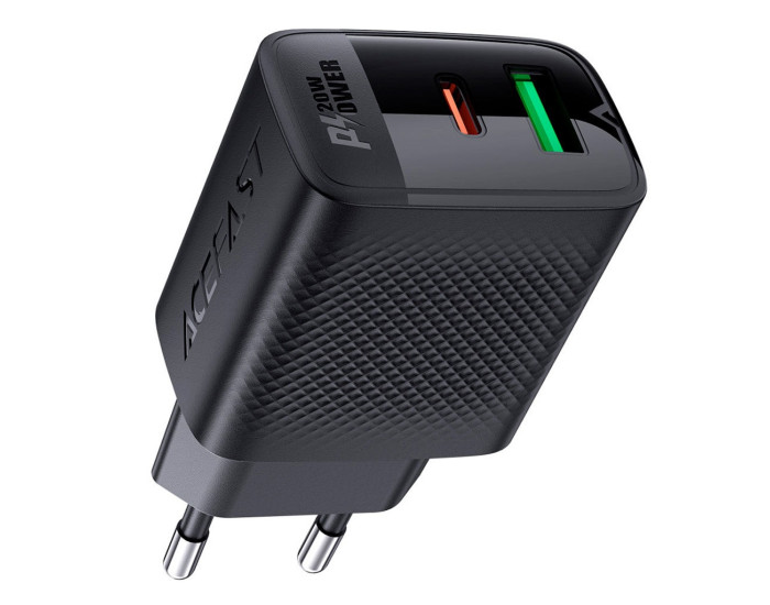 Мережеве зарядний пристрій Acefast A78 PD20W GaN (USB-A+USB-C) чорне