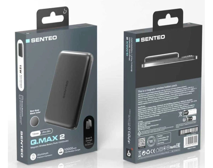 Портативная батарея (Power Bank) Senteo Q.MAX 2 Ultra Slim (USB-C/15w) 10 000mAh, темно-серый