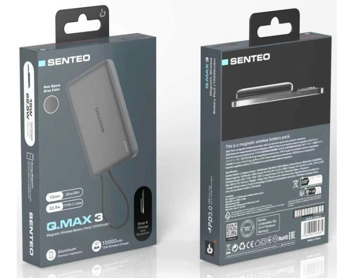 Портативная батарея (Power Bank) Senteo Q.MAX 3 Slim (USB-C/15w) + cable Type-С 10 000mAh, темно-серый