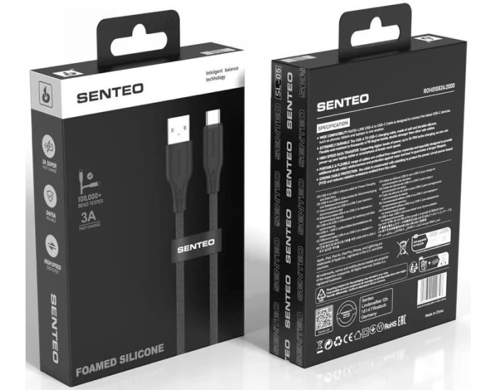 Кабель USB SENTEO SL-05 Foamed Silicone 3A USB to Type-C 1m (With CarPlay) чорний
