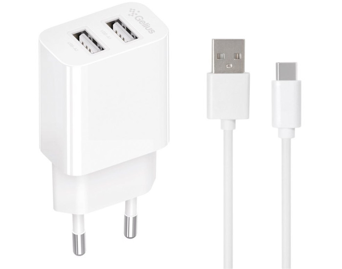 Мережеве зарядний пристрій Wall Charger Gelius Merge (GP-HC059) 2 USB+ cable Type C, біле