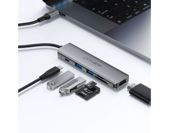 Переходник USB HUB Acefast J18 USB-C 6-in-1, серый металлик