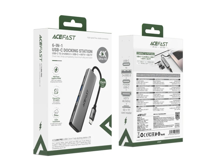 Переходник USB HUB Acefast J18 USB-C 6-in-1, серый металлик