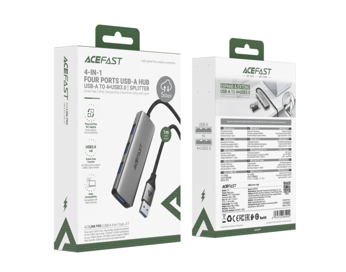 Переходник USB HUB Acefast J17 USB-A 4-in-1, серый металлик