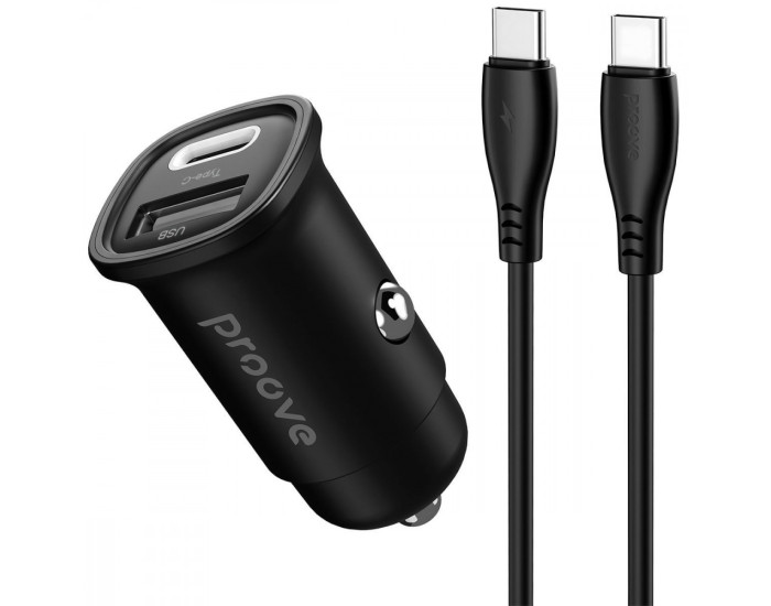 Автомобильное зарядное устройство Proove Flash 30W (Type-C + USB) с кабелем Type-C to Type-C, черный