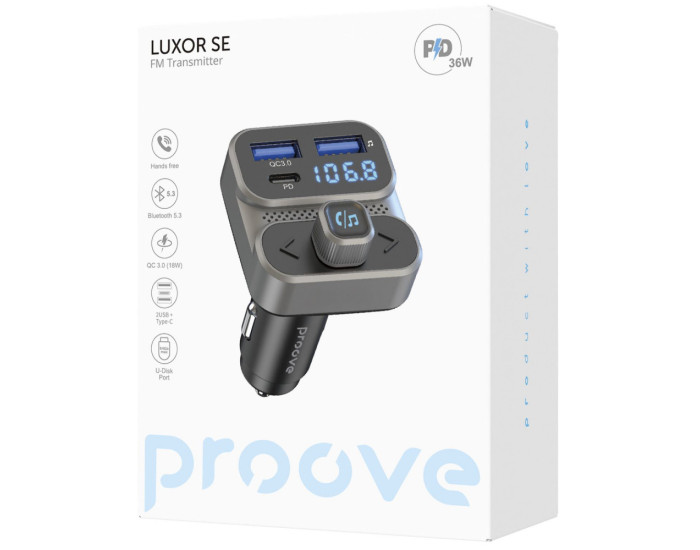 Автомобильное зарядное устройство Proove FM Launcher Luxor SE 36W (Type-C + USB/PD + QC3.0) серый