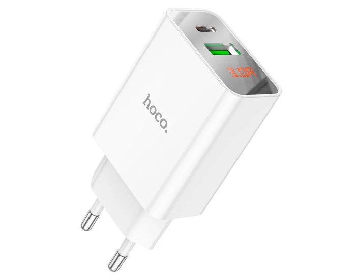 Мережеве зарядний пристрій Hoco C100A PD20W+QC3.0 Charger with LCD 1PD/1USB/20W/PD/QC3.0/3A White ( White / Білий )