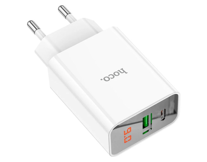 Мережеве зарядний пристрій Hoco C100A PD20W+QC3.0 Charger with LCD 1PD/1USB/20W/PD/QC3.0/3A White ( White / Білий )