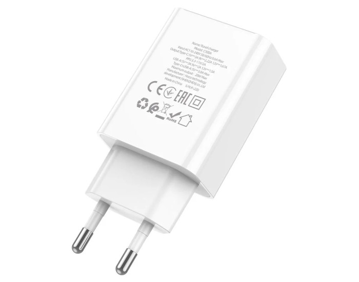 Мережеве зарядний пристрій Hoco C100A PD20W+QC3.0 Charger with LCD 1PD/1USB/20W/PD/QC3.0/3A White ( White / Білий )