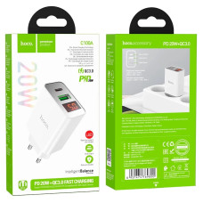 Мережеве зарядний пристрій Hoco C100A PD20W+QC3.0 Charger with LCD 1PD/1USB/20W/PD/QC3.0/3A White ( White / Білий )