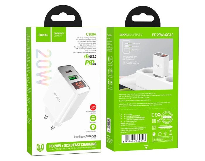 Мережеве зарядний пристрій Hoco C100A PD20W+QC3.0 Charger with LCD 1PD/1USB/20W/PD/QC3.0/3A White ( White / Білий )
