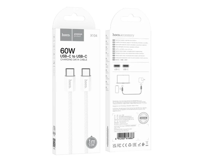 Кабель USB-C Hoco X104 Source 60W charging data cable Type-C to Type-C (L=1M) белый