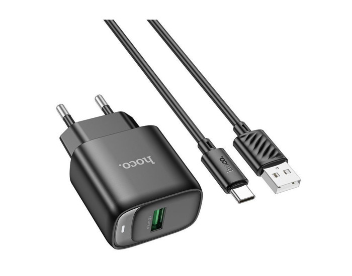 Мережеве зарядний пристрій Hoco C140A Smart single port 1USB (18W/QC3.0) з кабелем Micro, чорне