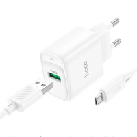 Мережеве зарядний пристрій Hoco C140A Smart single port 1USB (18W/QC3.0) з кабелем Micro, біле