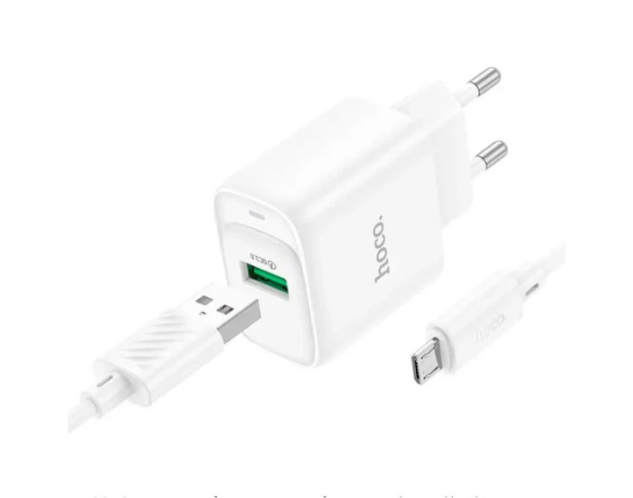 Мережеве зарядний пристрій Hoco C140A Smart single port 1USB (18W/QC3.0) з кабелем Micro, біле