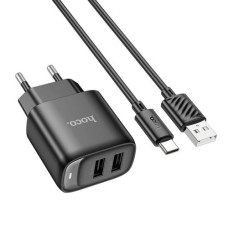 Мережеве зарядний пристрій Hoco C141A Smart dual-port (2USB-A/5V/2.1A) + Кабель Micro, чорне