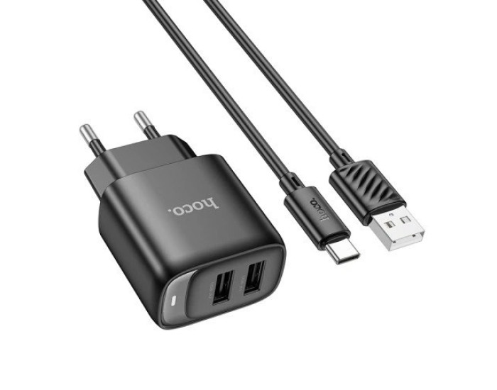 Мережеве зарядний пристрій Hoco C141A Smart dual-port (2USB-A/5V/2.1A) + Кабель Micro, чорне