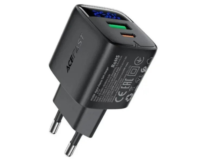 Сетевое зарядное устройство Acefast A114 PD25W GaN charger (USB-A+USB-C) with digital display, черное