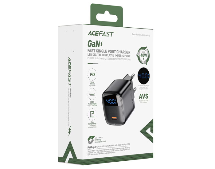 Мережеве зарядний пристрій Acefast A135 PD40W GaN single (USB-C) чорне