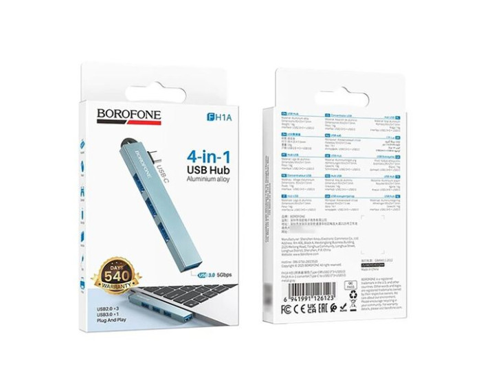 Переходник USB HUB Borofone FH1A Type-C (PD) 4-in-1 converter (Type-C to USB2.0*3+USB3.0) metal gray