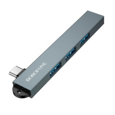 Переходник USB HUB Borofone FH1A Type-C (PD) 4-in-1 converter (Type-C to USB2.0*3+USB3.0) metal gray