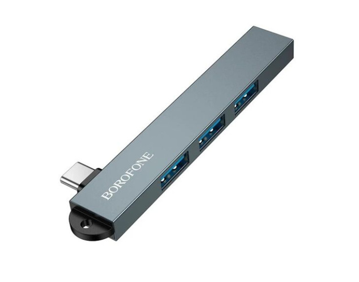 Переходник USB HUB Borofone FH1A Type-C (PD) 4-in-1 converter (Type-C to USB2.0*3+USB3.0) metal gray