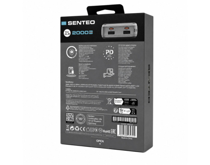 Портативная батарея (Power Bank) Senteo Lithium 2 (PS2-02) 20000mAh, 22.5W fast charging with cable Version_1, темно-серый