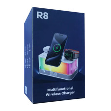 Беспроводная зарядка 5 IN1 R8 (iPhone, iWatch, AirPods,Alarm Clock, LED LAMP) ORIGINAL, белая