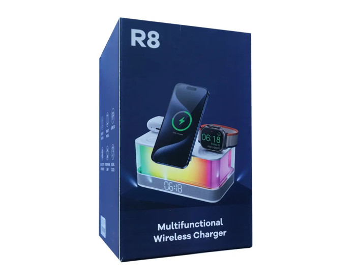 Беспроводная зарядка 5 IN1 R8 (iPhone, iWatch, AirPods,Alarm Clock, LED LAMP) ORIGINAL, белая