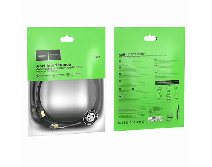 LAN кабель Hoco US07 General pure copper flat network cable 6Gbit/3m, черный