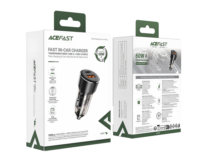 Автомобильное зарядное устройство Acefast B12 60W (USB-A+USB-C) черное