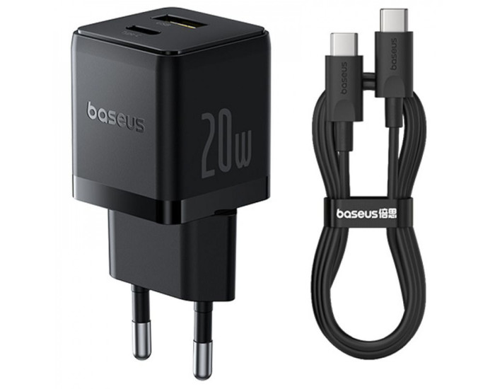 Мережеве зарядний пристрій Baseus Palm C+U 20W + Cable Type-C to Type-C (P10111608113-01) Black