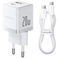 Мережеве зарядний пристрій Baseus Palm C+U 20W + Cable Type-C to Type-C (P10111608213-01) біле