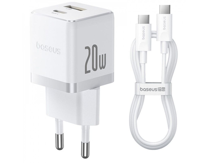 Мережеве зарядний пристрій Baseus Palm C+U 20W + Cable Type-C to Type-C (P10111608213-01) біле